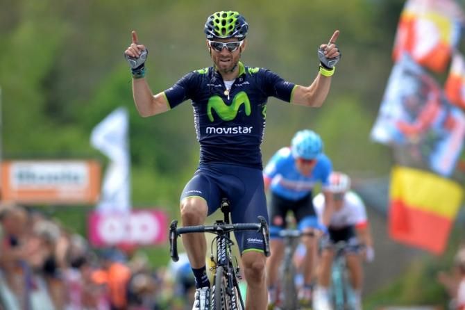 Alejandro Valverde (Movistar) celebrates his Fleche Wallonne victory