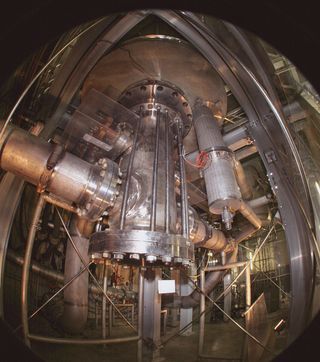The 45-tesla hybrid magnet, looking up toward magnet, with detail of coldwater pipes at Florida State University.