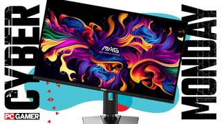 MSI gaming monitor on a blue Cyber Monday background 