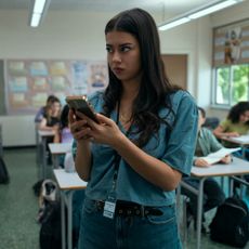 A woman in a blue shirt (Amber Midthunder as Rita Desjardin) uses her phone while standing at the front of a high-school classroom, in Prime Video's 'Carrie.'