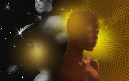 Two black women on a background of stars, they have golden auras