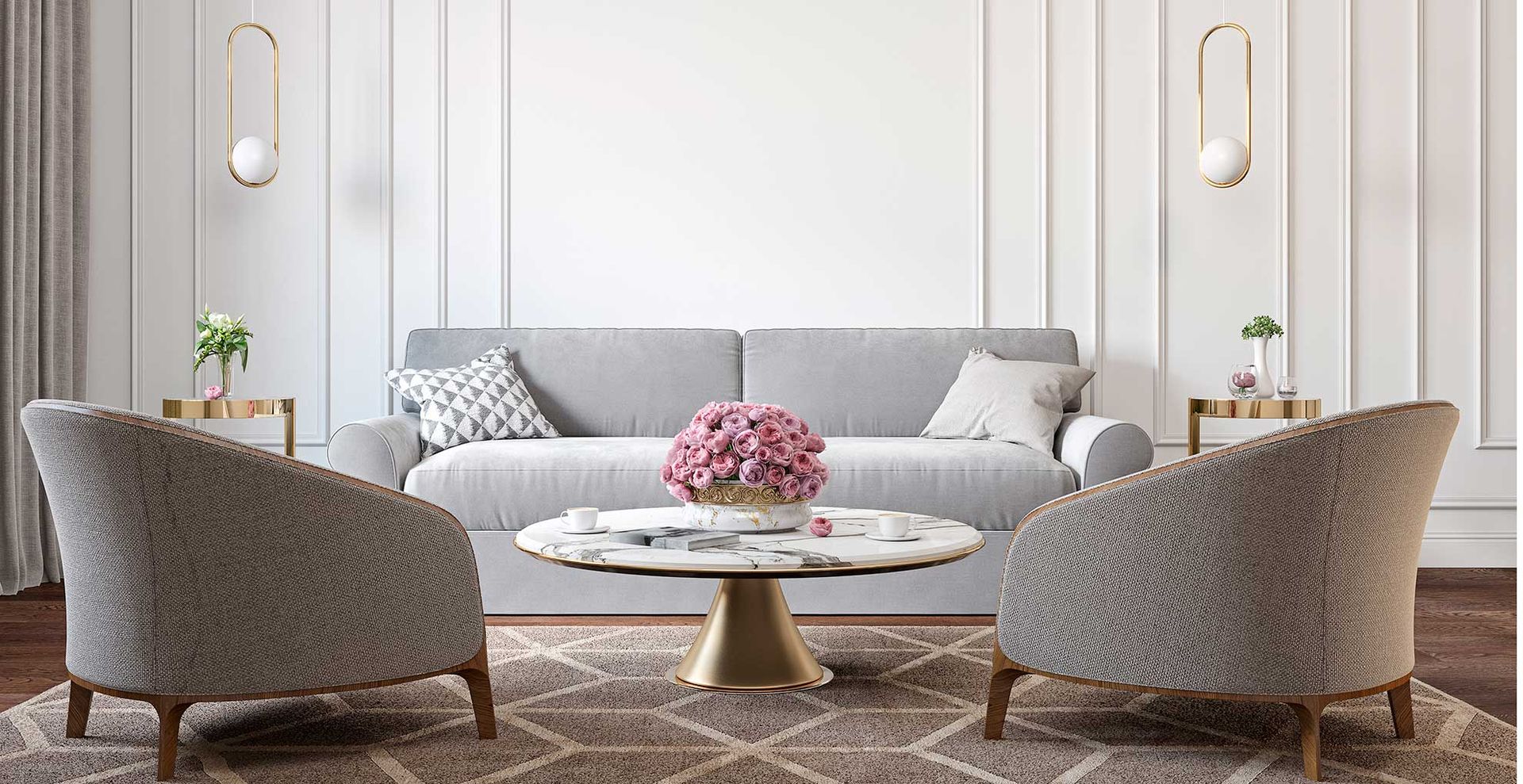 quiet luxury living room with white walls, grey velvet sofa with a pair of armchairs around a marble coffee table