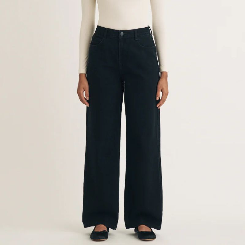 Black High Rise Wide Leg Jeans on model 