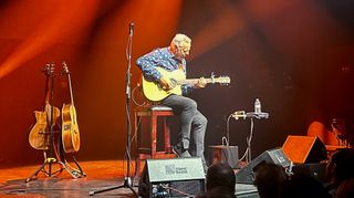 Tommy Emmanuel performs at Guild Theatre in Menlo Park, California., January 2025 The photo shows him playing one of the three Maton acoustics he performs with. .