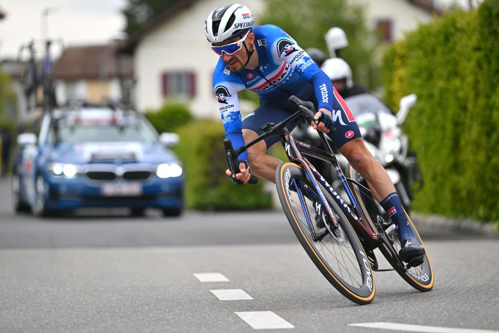 PAYERNE SWITZERLAND APRIL 23 Julian Alaphilippe of France and Team Soudal QuickStep sprints during the 77th Tour De Romandie 2024 Prologue a 228km individual time trial stage from Payerne to Payerne UCIWT on April 23 2024 in Payerne Switzerland Photo by Luc ClaessenGetty Images