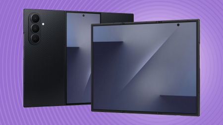 The Samsung Galaxy Z Trifold on a purple background