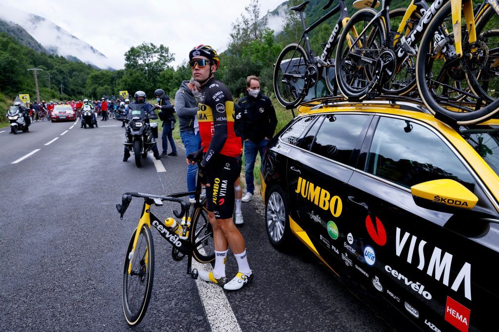 Team Jumbo Vismas Wout van Aert of Belgium changes his clothes prior to the start of 16th stage of the 108th edition of the Tour de France cycling race 169 km between Pas De La Case and SaintGaudens on July 13 2021 Photo by Thomas SAMSON AFP Photo by THOMAS SAMSONAFP via Getty Images