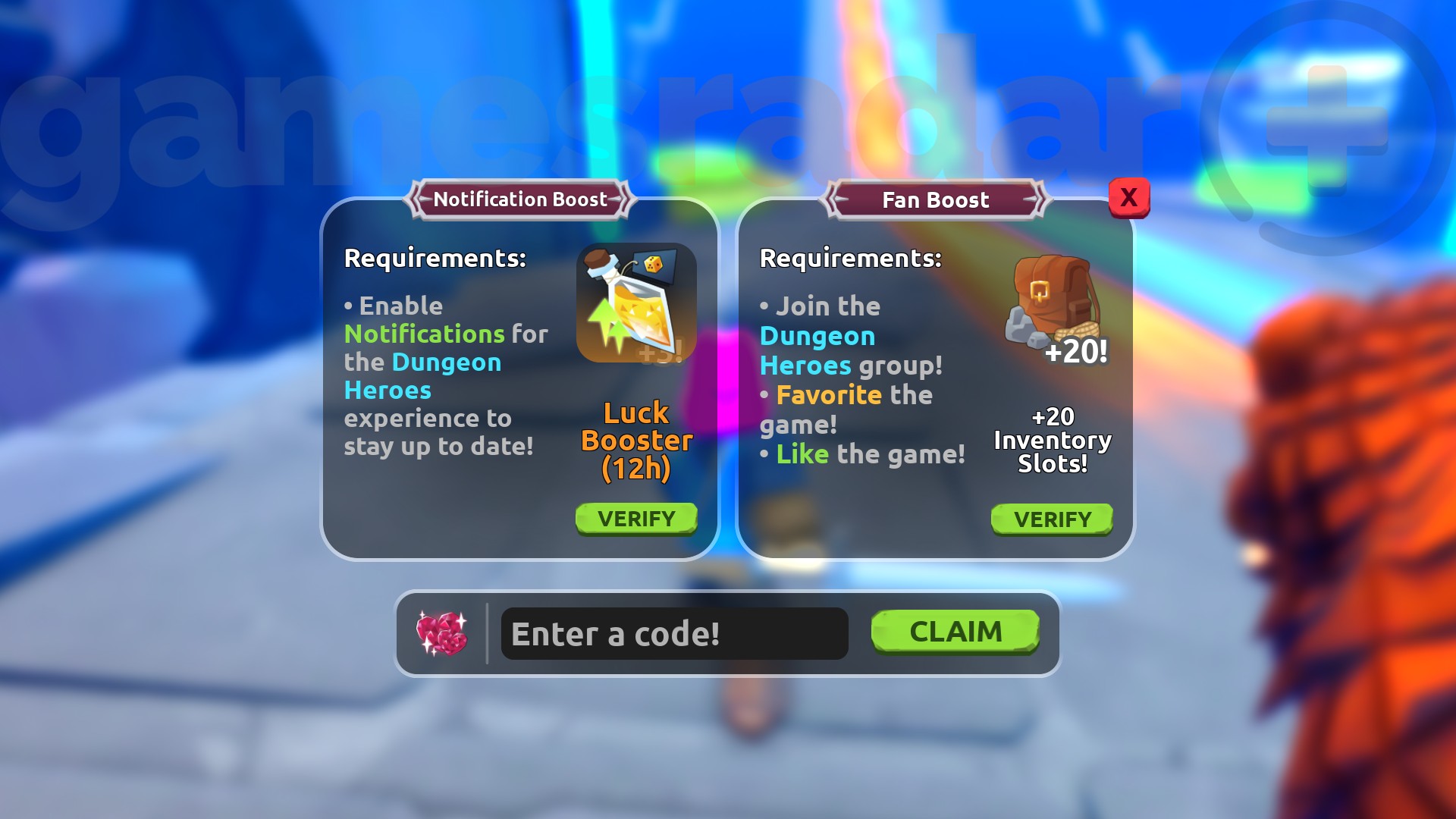 The code redemption box in Dungeon Heroes