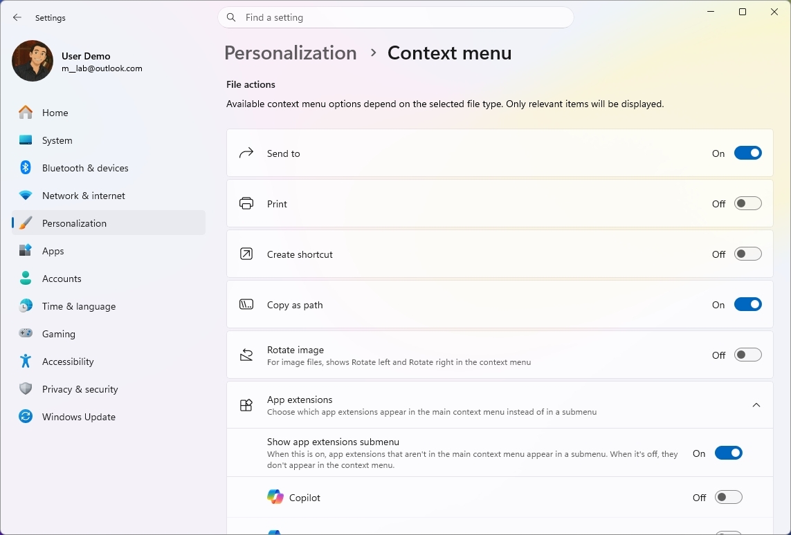 Windows 11 Settings showing the Context menu options.