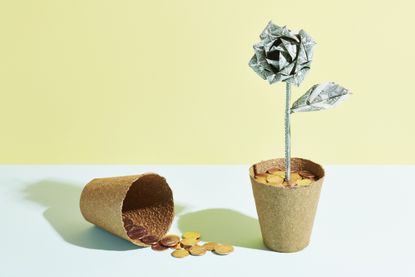a flower pot with coins sits next to an origami dollar flower.