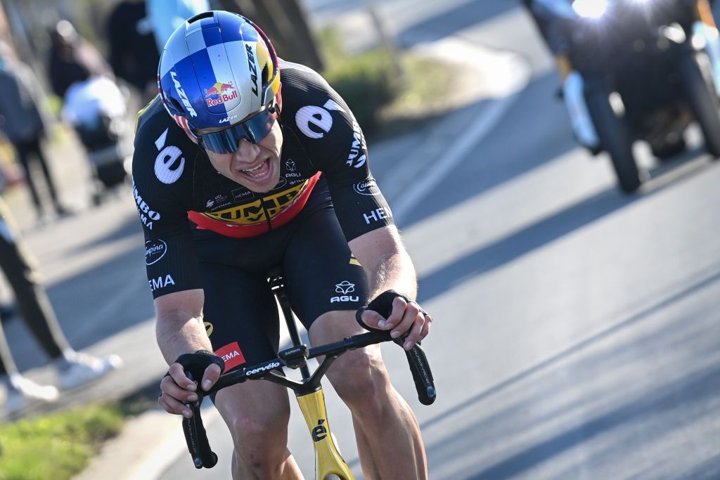 Belgian Wout Van Aert of Team JumboVisma pictured in action during the mens elite race of the Omloop Het Nieuwsblad oneday cycling race 2042km from Gent to Ninove Saturday 26 February 2022 BELGA PHOTO DAVID STOCKMAN Photo by DAVID STOCKMANBELGA MAGAFP via Getty Images