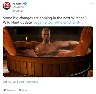 @pcgamer: Some big changes are coming in the next Witcher 3: Wild Hunt update. Attached image: Geralt bathing in a cylindrical tub. He's facing the viewer with his feet resting on the edge and water obscuring his waist.