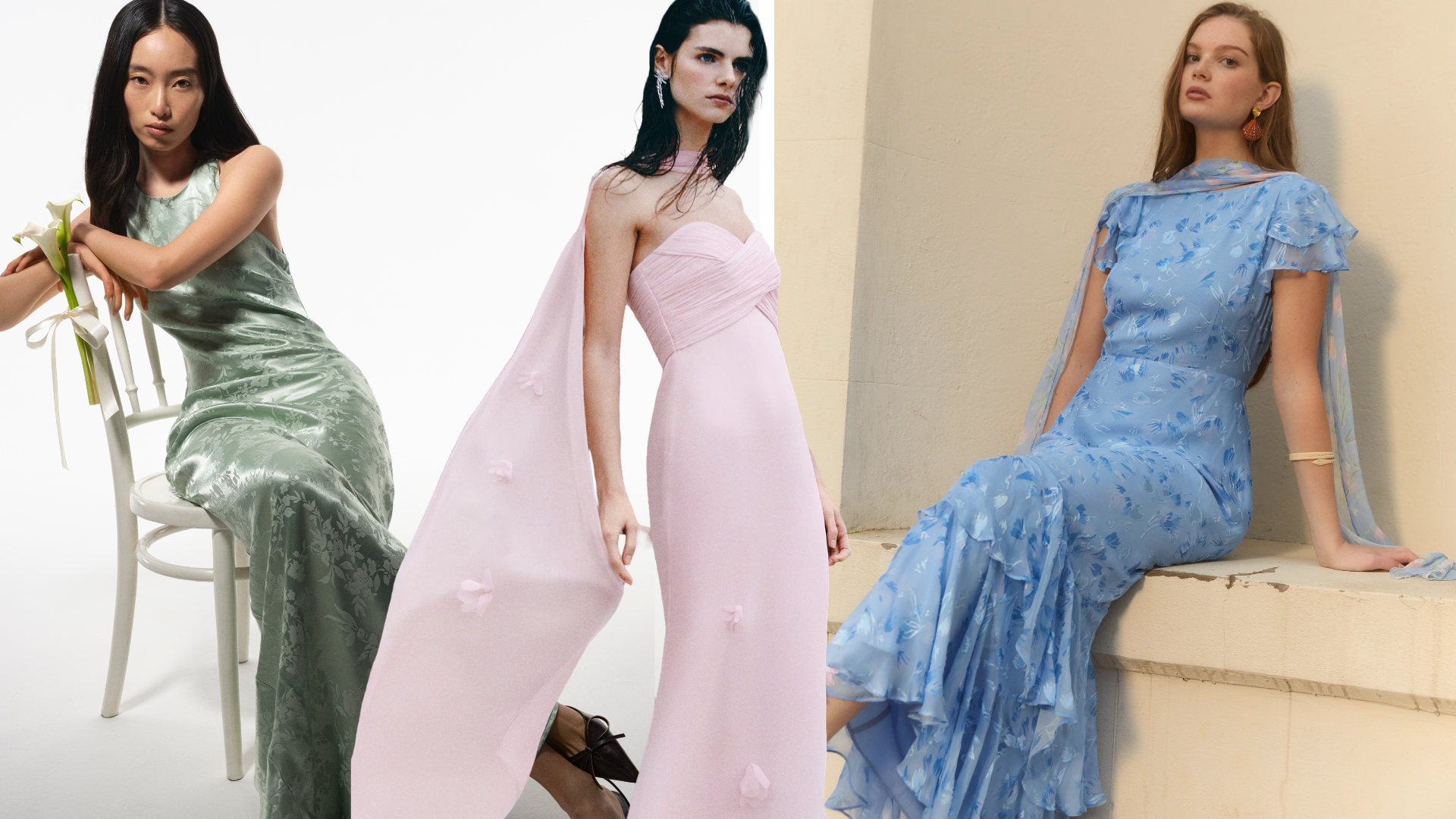 Models wearing Omnes, Net-a-Porter and Rixo dresses. 