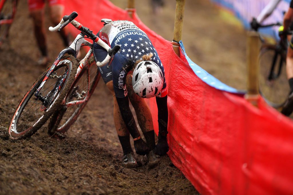 NAMUR BELGIUM DECEMBER 19 Katie Clouse of United States and Team CannondaleCyclocrossworld reacts reacts after crash during the 13th Namur UCI CycloCross Worldcup 2021 Womens Elite UCIWT on December 19 2021 in Namur Belgium Photo by Luc ClaessenGetty Images