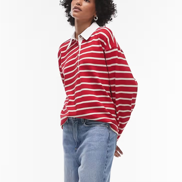 Topshop, Jersey Stripe Rugby Long Sleeve Polo in Red