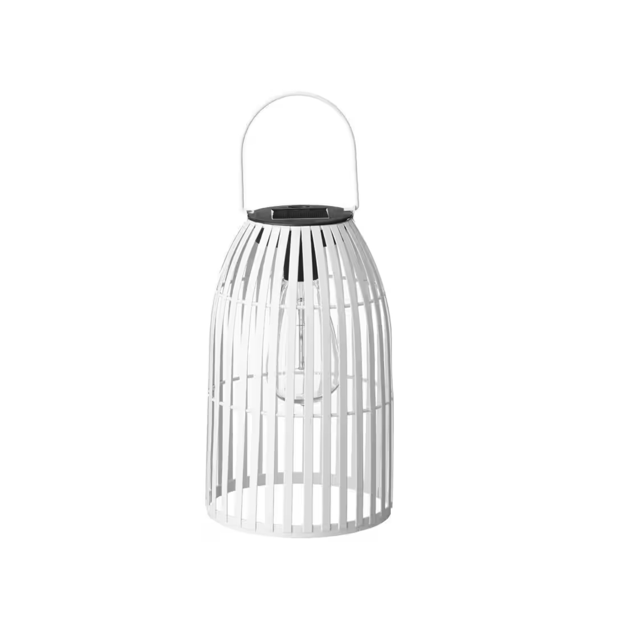 A white lantern with a white striped woven pattern around it and a handle.