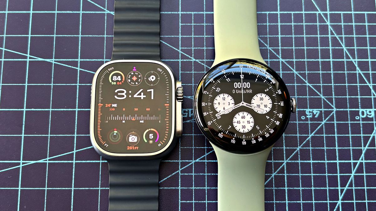 Close-up of the Apple Watch Ultra 3 next to the new Google Pixel Watch 5