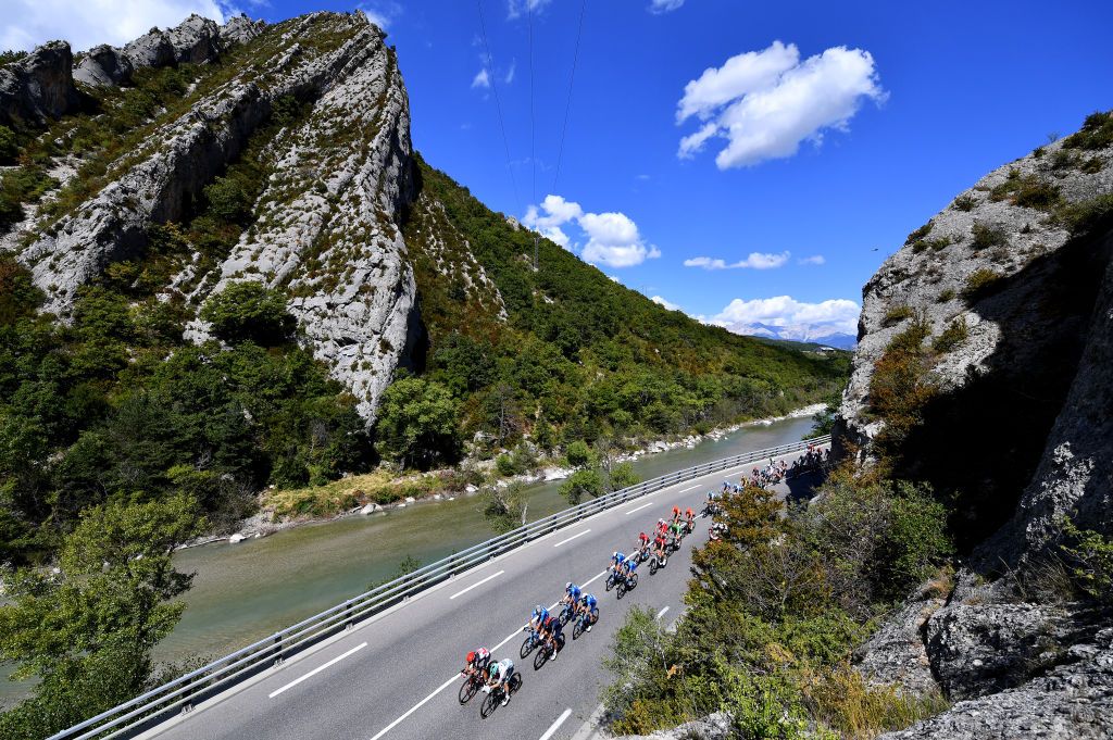PRIVAS FRANCE SEPTEMBER 02 Thomas De Gendt of Belgium and Team Lotto Soudal Lukas Postlberger of Austria and Team Bora Hansgrohe Carlos Verona Quintanilla of Spain and Movistar Team Andrey Amador Bikkazakova of Costa Rica and Team INEOS Grenadiers La Garenne La BtieMontsalon 763 Landscape Mountains Peloton during the 107th Tour de France 2020 Stage 5 a 183km stage from Gap to Privas 277m TDF2020 LeTour on September 02 2020 in Privas France Photo by Stuart FranklinGetty Images