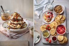 Banoffee pancake stack with bananas and caramel and a granola pancake platter with fruit