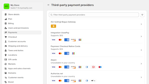 Screenhot of Shopify payment options