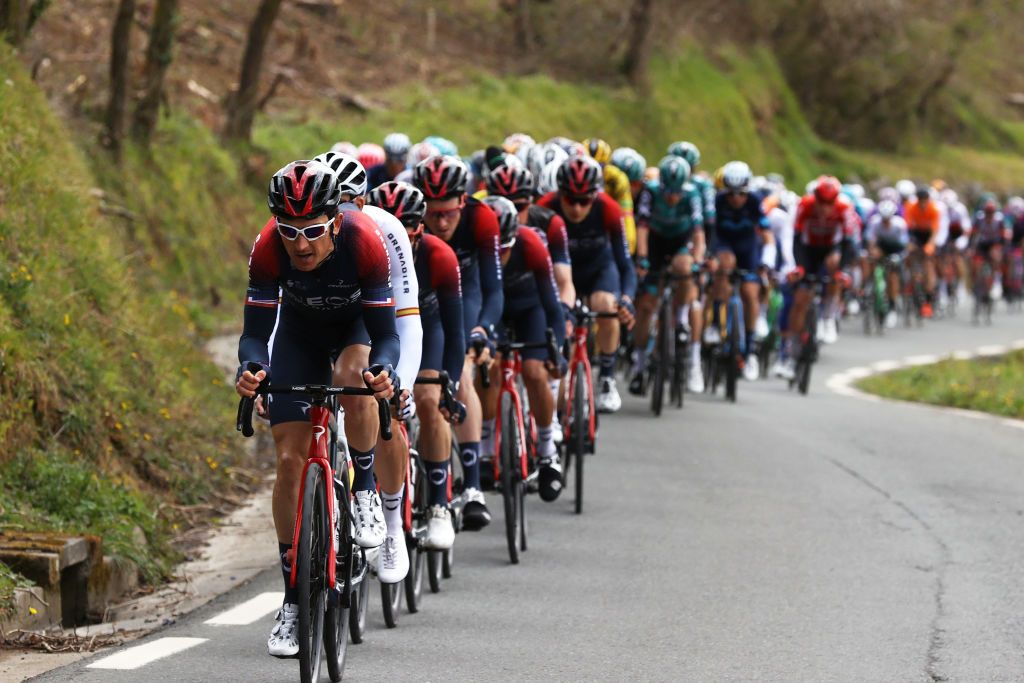 ARRATE SPAIN APRIL 09 Geraint Thomas of United Kingdom and Team INEOS Grenadiers leads the peloton during the 61st Itzulia Basque Country 2022 Stage 6 a 1357km stage from Eibar to Arrate itzulia WorldTour on April 09 2022 in Arrate Spain Photo by Gonzalo Arroyo MorenoGetty Images
