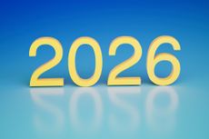 A vibrant representation of the year 2026 in bold yellow numbers against a shiny blue reflective surface, symbolizing innovation and the future.
