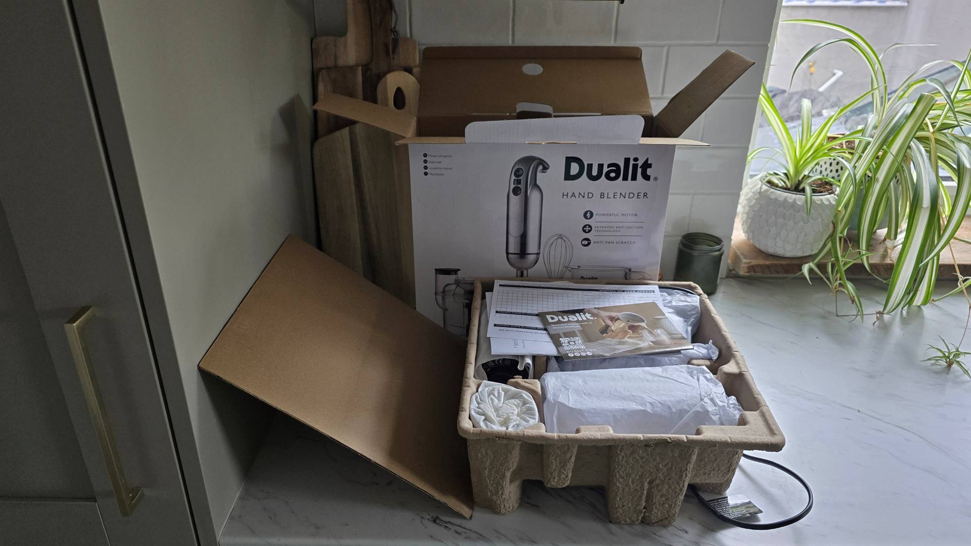 Unboxing the Dualit 700W Hand Blender on worktop