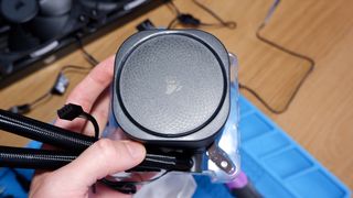 Corsair Nautilus 360 RS liquid cooler set-up on a test bench.