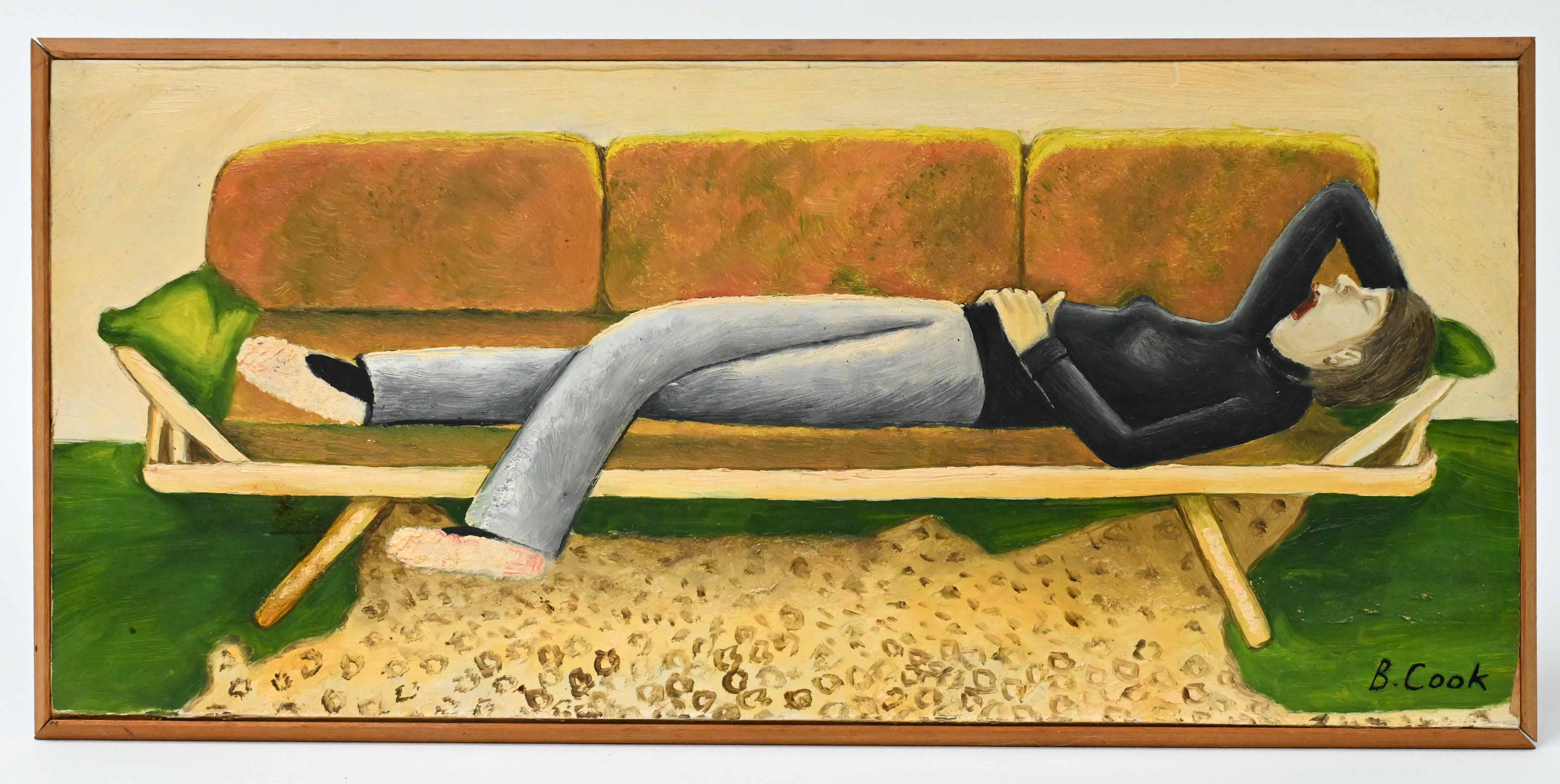 Beryl Cook painting of person lying on sofa