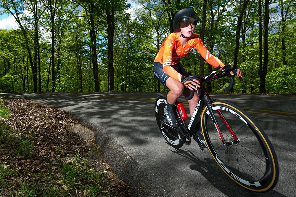 A Rally Cycling (Canada) makes her way up the switchback section of the course.