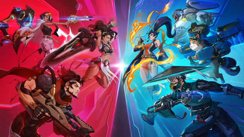 Key art from Overwatch's Reign of Talon event, showing the screen split between a red and blue background with four heroes on each side facing off against each other.