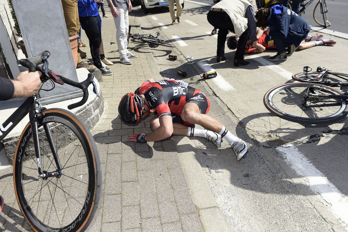 Greg Van Avermaet in a world of pain after crashing out of Flanders