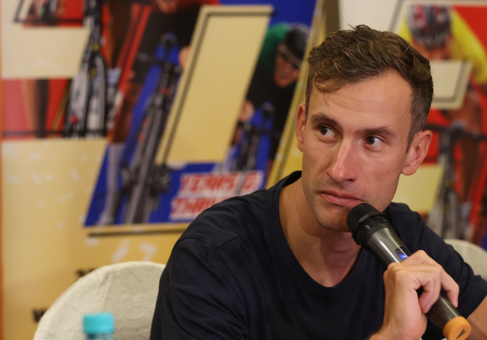 Geoffrey Bouchard (TotalEnergies) speaking to the  media before the 2026 Le Tour de Langkawi