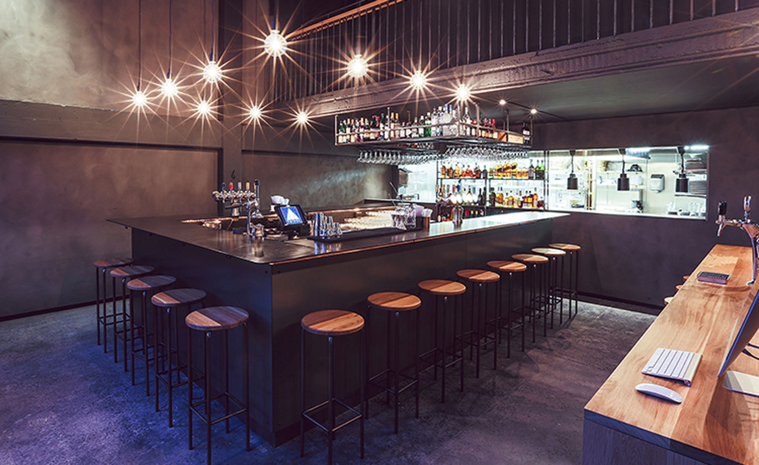 Bar and wooden stools