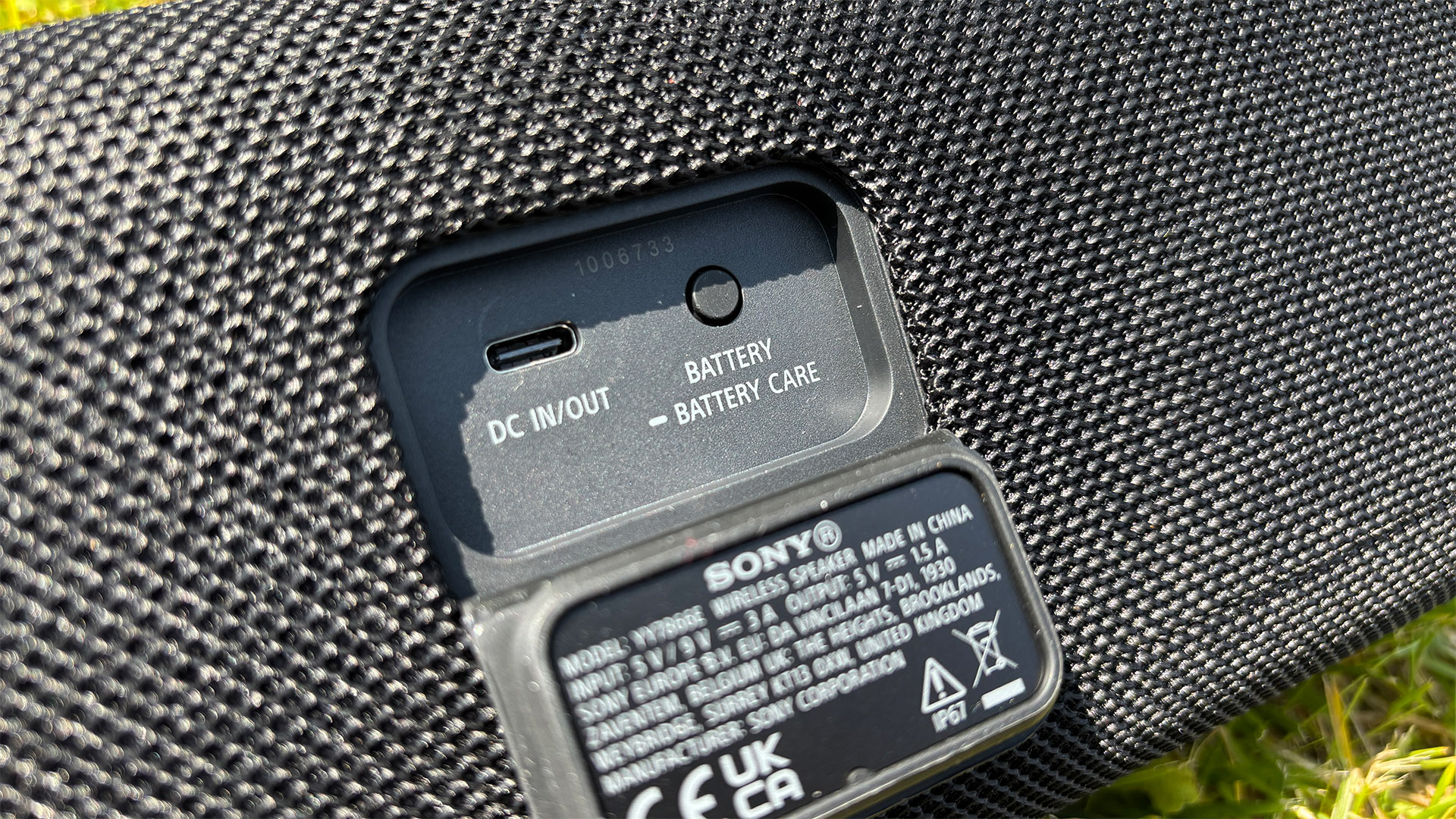 Sony ULT Field 3 wireless speaker close up on open panel with connections