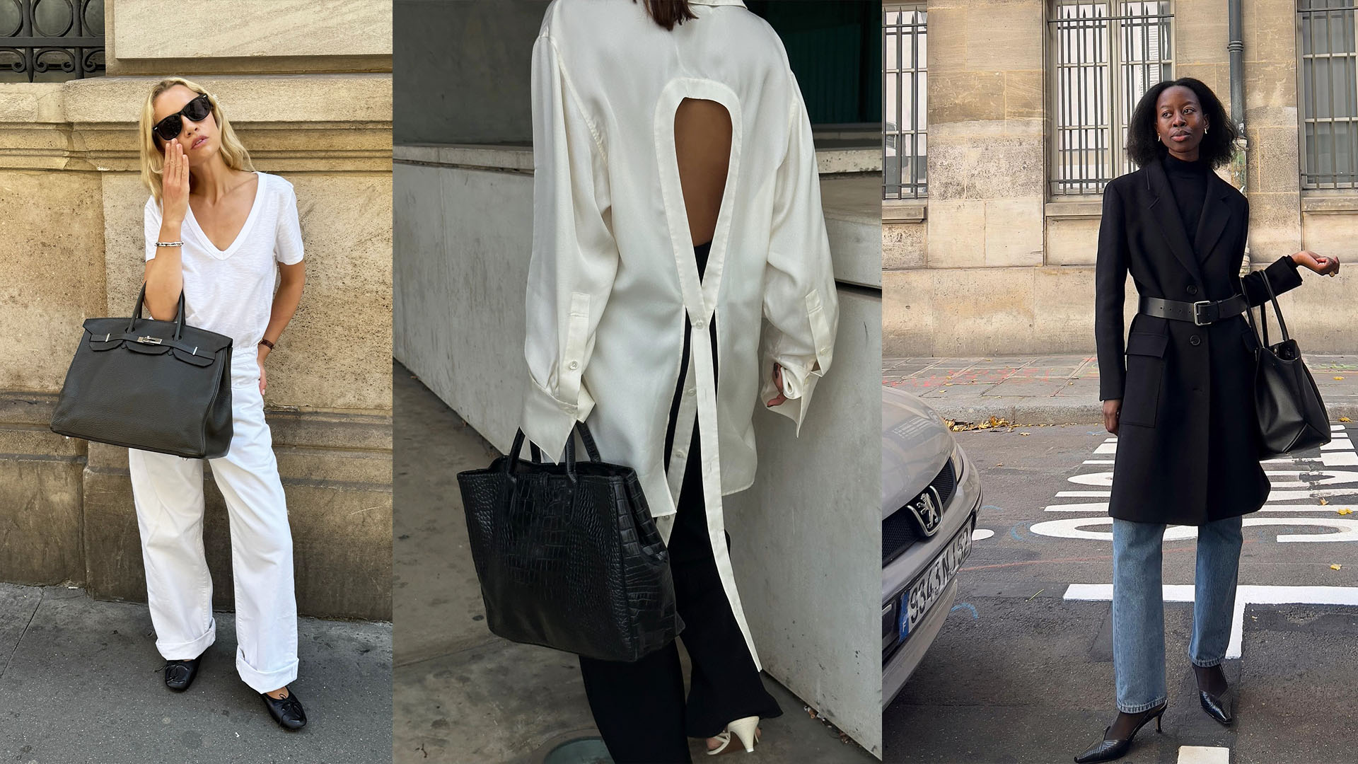 Wearing holding leather tote bags 