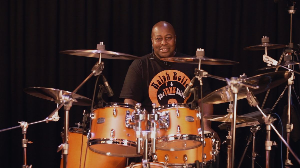 Ralph Rolle of Nile Rodgers &amp; Chic sat at Yamaha Tour Custom drum kit