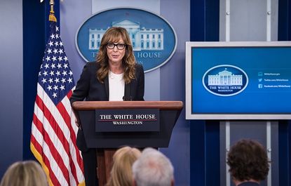 Allison Janney makes guest appearance in the White House for press conference. 