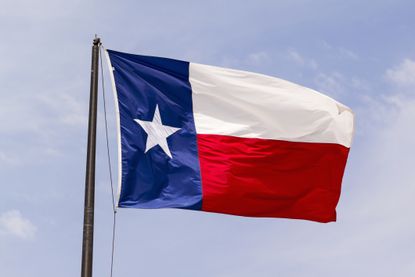 picture of Texas state flag on flag pole against blue sky