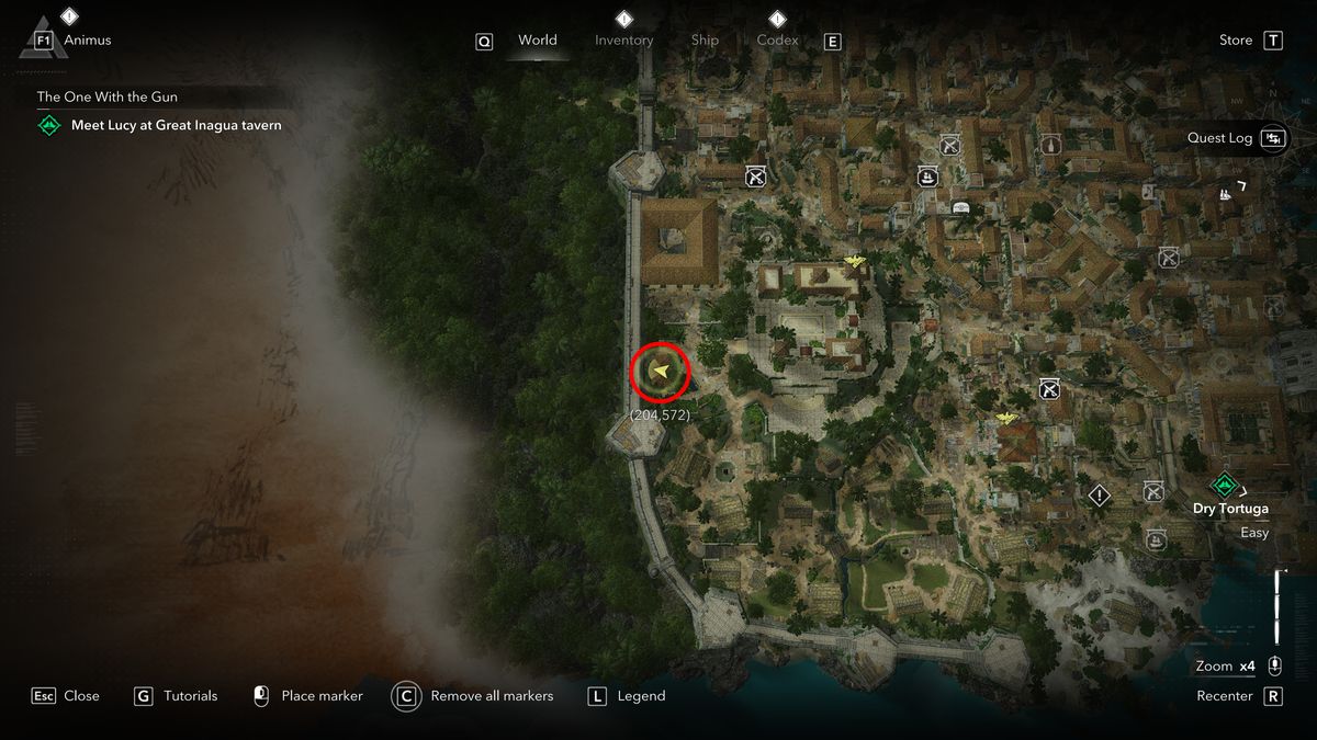 Black Flag outfits: A screenshot of the governor's compound in Havana with a red circle showing where you can find the Brown Cloak.