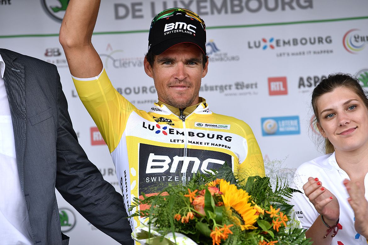 Greg Van Avermaet celebrating his race lead of at Tour de Luxembourg lead