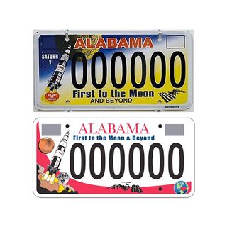 Alabama’s original 2005 "Save the Saturn V" license plate (at top) and 2014 revision raised funds for the U.S. Space & Rocket Center in Huntsville, where one of the three remaining Saturn V rockets is on display.