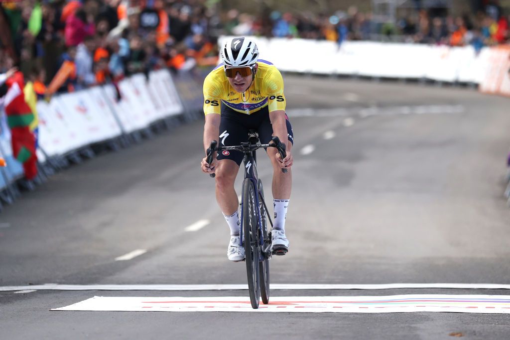 ARRATE SPAIN APRIL 09 Remco Evenepoel of Belgium and Team QuickStep Alpha Vinyl Yellow Leader Jersey crosses the finish line during the 61st Itzulia Basque Country 2022 Stage 6 a 1357km stage from Eibar to Arrate itzulia WorldTour on April 09 2022 in Arrate Spain Photo by Gonzalo Arroyo MorenoGetty Images