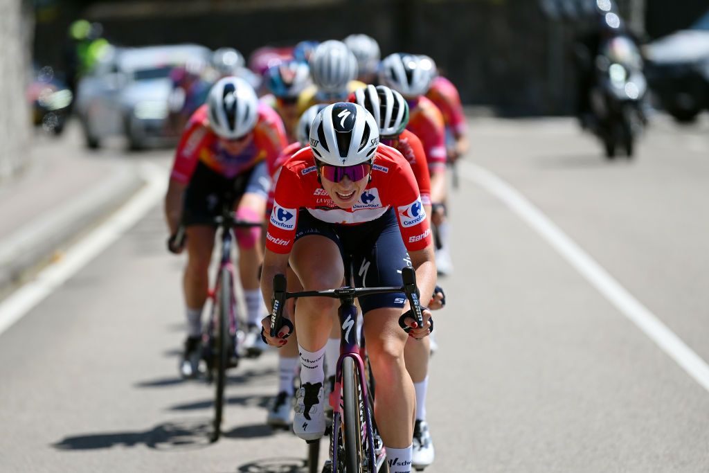 LAREDO SPAIN MAY 06 Demi Vollering of The Netherlands and Team SD Worx Red Leader Jersey leads the peloton during the 9th La Vuelta Femenina 2023 Stage 6 a 1061km stage from Castro Urdiales to Laredo UCIWWT on May 06 2023 in Laredo Spain Photo by Dario BelingheriGetty Images