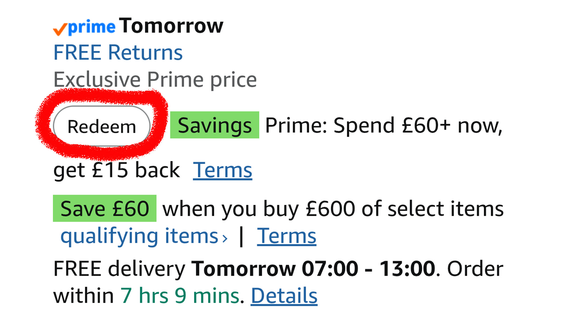Prime Day checkout showing &pound;15 back voucher offer