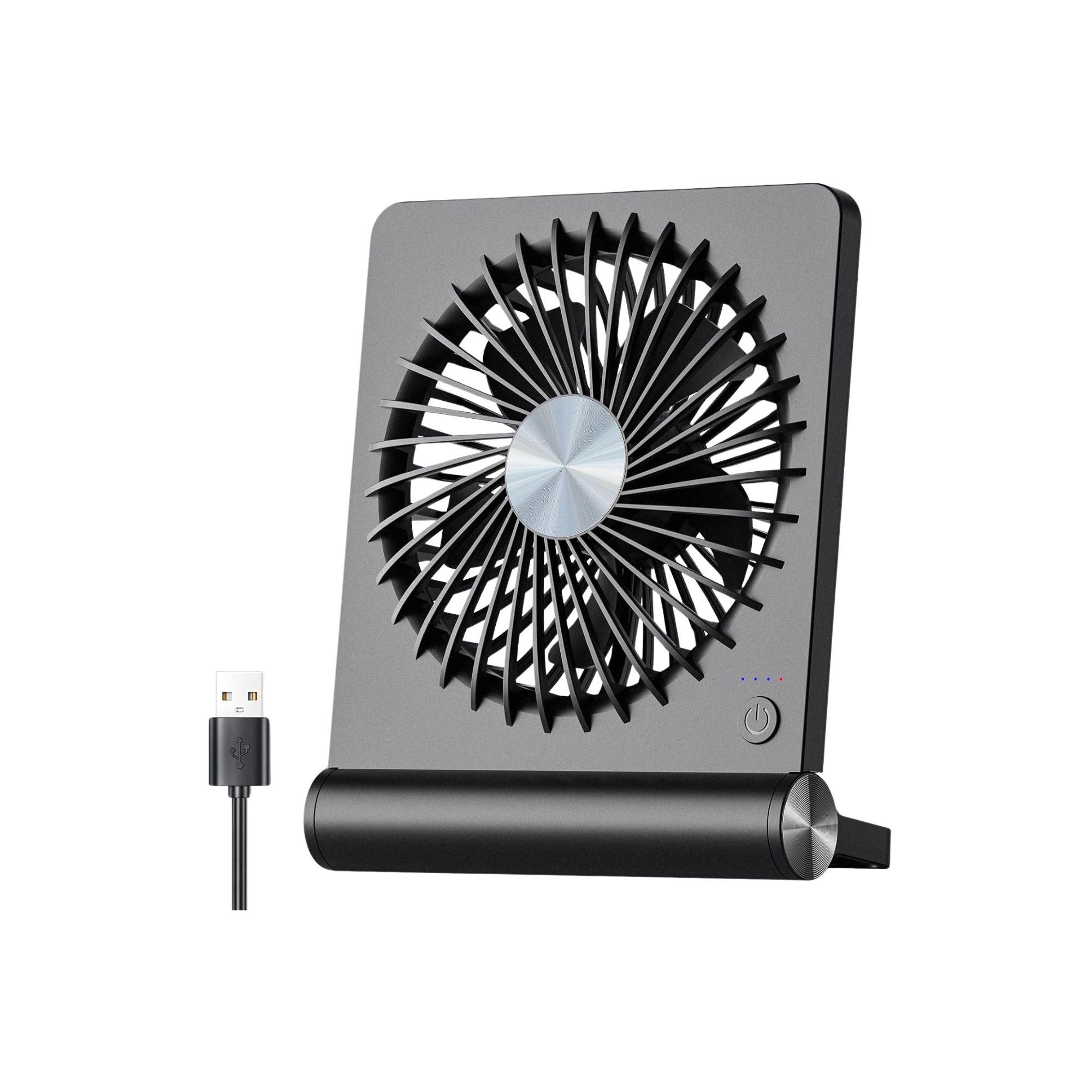 A black rectangular desk fan with a USB next to it.