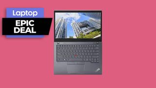 Lenovo ThinkPad T14s laptop against a dark pink background