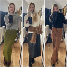 a collage of Kerry Pieri wearing different thin knit sweater outfits