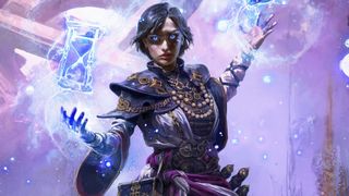 A Path of Exile 2 sorceress wearing robes and conjuring hourglasses with her hands on a purple and blue background