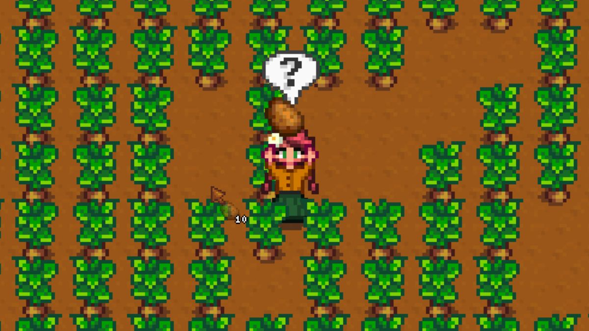 Stardew Valley farmer standing in a field of potatoes, using the question mark emote